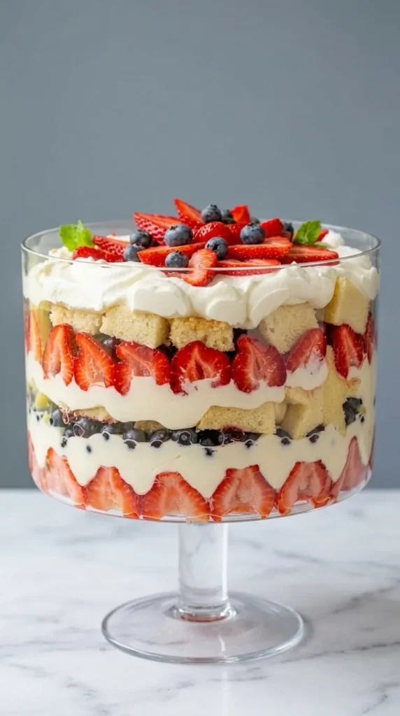 Mixed berry trifle with strawberries, blueberries, whipped cream, and angel food cake layers