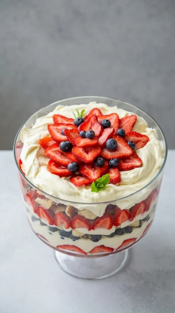 Mixed Berry Trifle Recipe That Feels Fresh and Amazing 5 Mixed berry trifle topped with strawberries, blueberries, and creamy layers
