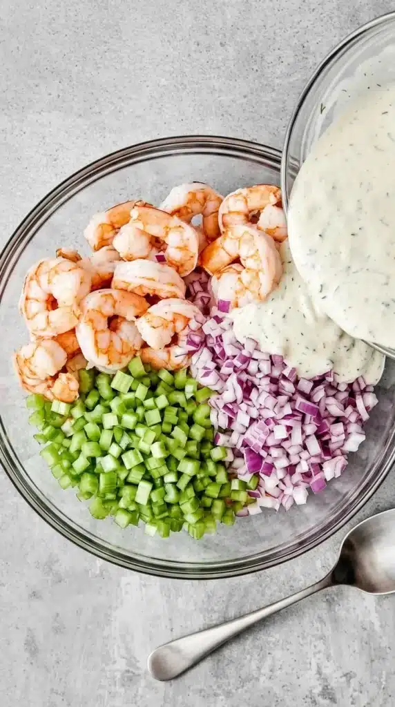 Shrimp Salad ingredients mixed with creamy lemon dill dressing