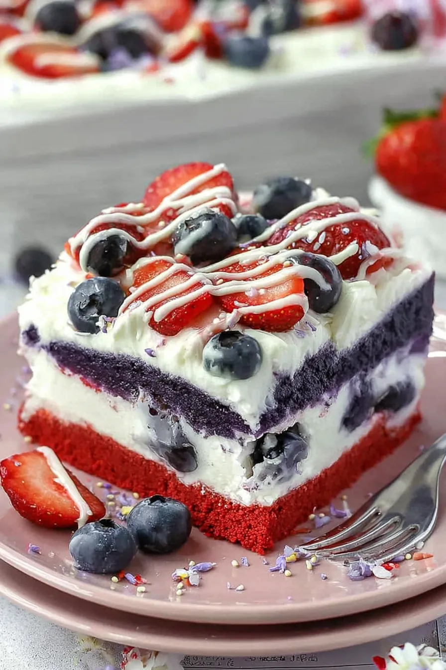 No Bake Summer Berry Lasagna Amazing Party Dessert 3 No Bake Summer Berry Lasagna with strawberries, blueberries, whipped cream, and red velvet crust