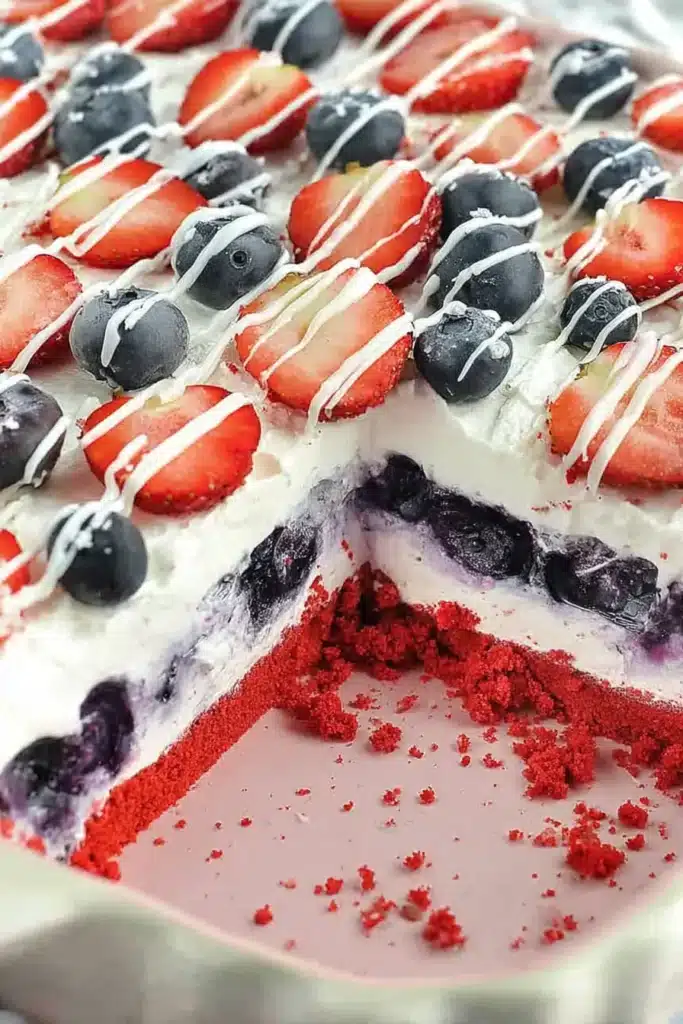 No Bake Summer Berry Lasagna Amazing Party Dessert 4 No Bake Summer Berry Lasagna with blueberry layers and whipped cream topping