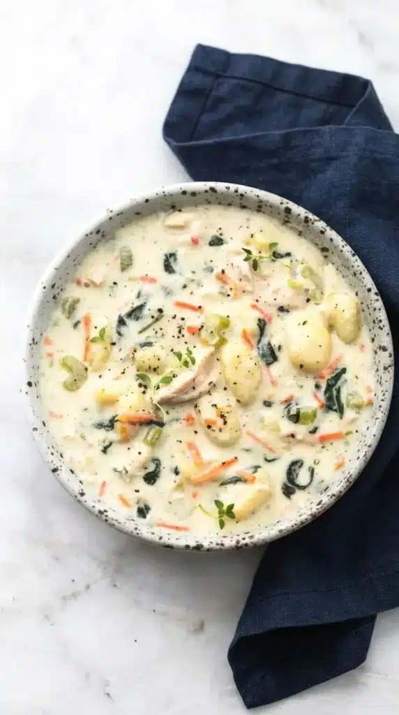Creamy Olive Garden Chicken Gnocchi Soup with soft gnocchi and tender chicken in a ceramic bowl