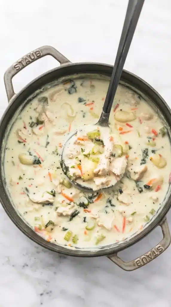  Olive Garden Chicken Gnocchi Soup in a creamy pot with chicken, spinach, and soft gnocchi