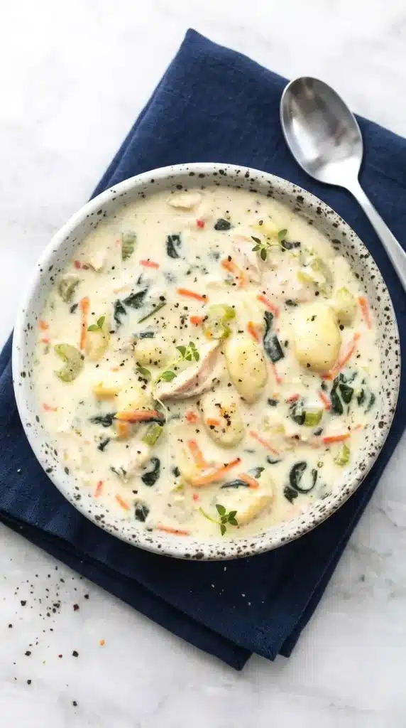 Creamy Olive Garden Chicken Gnocchi Soup with chicken, spinach, carrots, and soft gnocchi