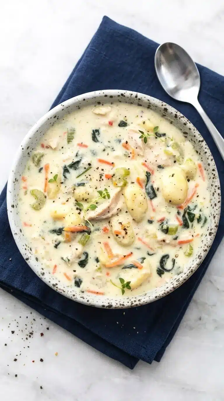 Creamy Olive Garden Chicken Gnocchi Soup with chicken, spinach, carrots, and soft gnocchi