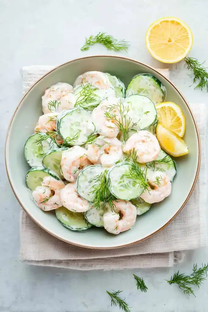 Overhead cucumber shrimp salad with creamy dill dressing and lemon garnish