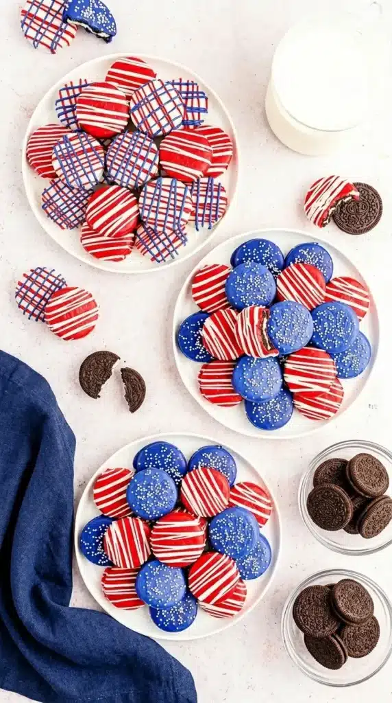4th of July Chocolate Covered Oreos on festive patriotic dessert plates