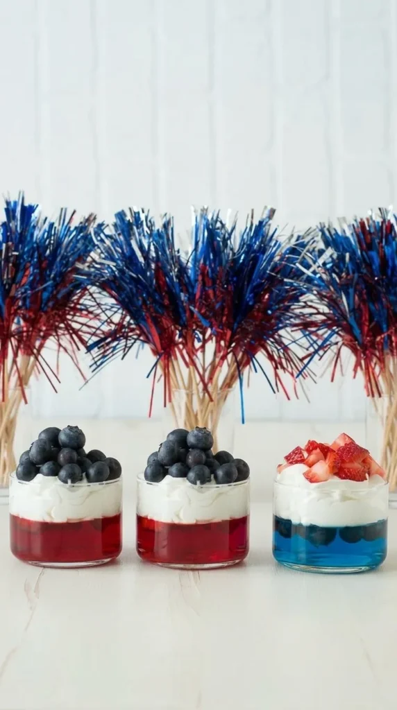 4th of July Fruit & Jello Cups with whipped cream and fresh berries
