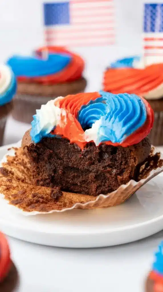  bitten 4th of july chocolate cupcake with red white blue frosting swirl