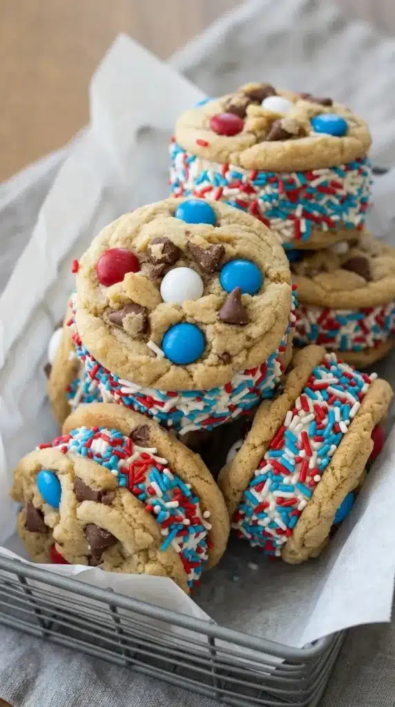 Patriotic ice cream cookie sandwich with sprinkles and chocolate chip cookies for Fourth of July dessert