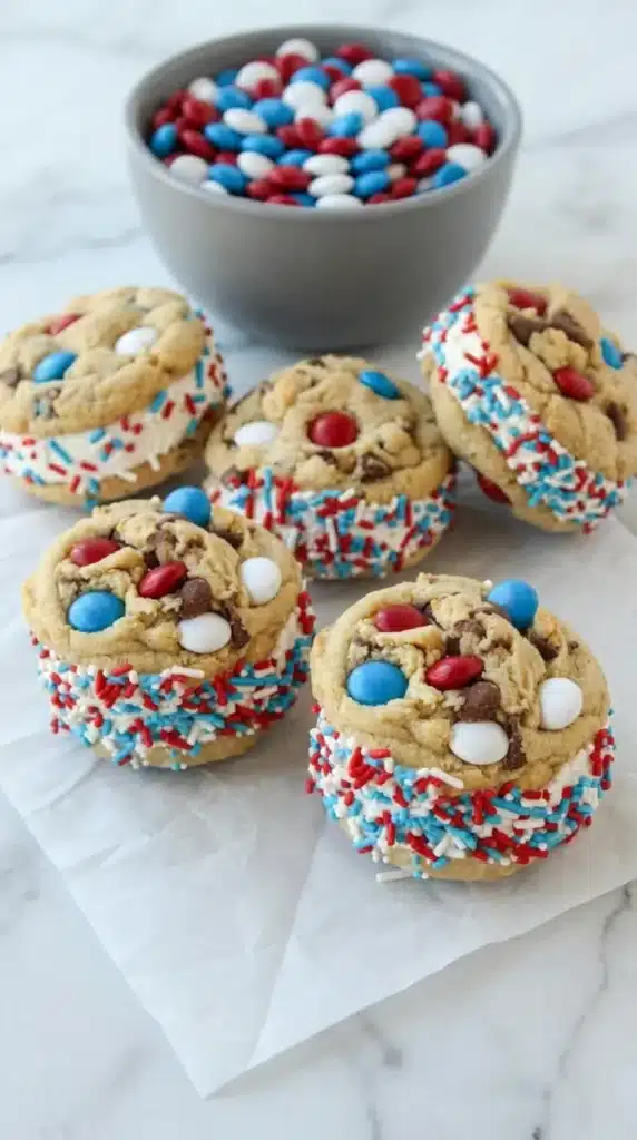 Patriotic ice cream cookie sandwiches with sprinkles and chocolate chip cookies on marble surface