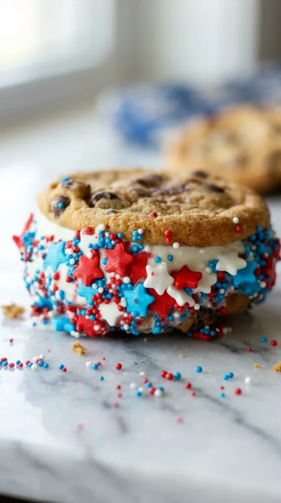 Patriotic Ice Cream Sandwiches with vanilla ice cream and red white blue sprinkles