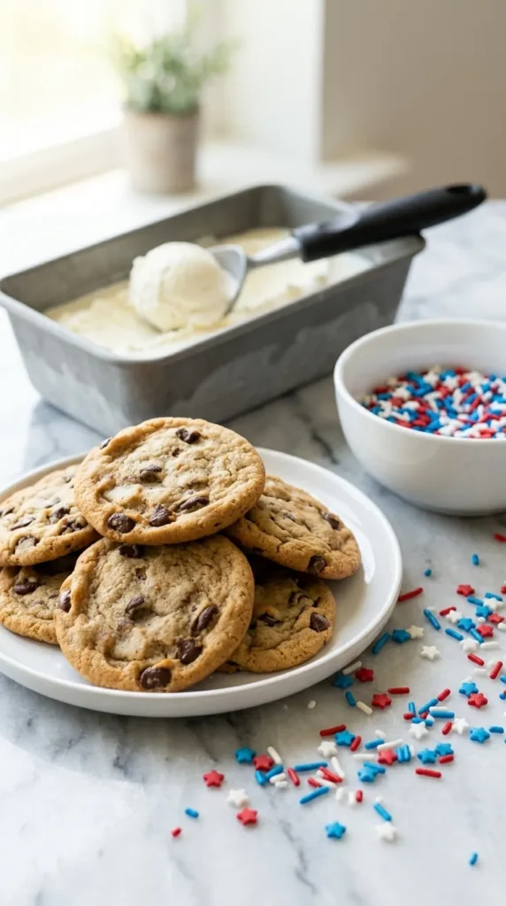 Patriotic Ice Cream Sandwiches ingredients with cookies ice cream and sprinkles