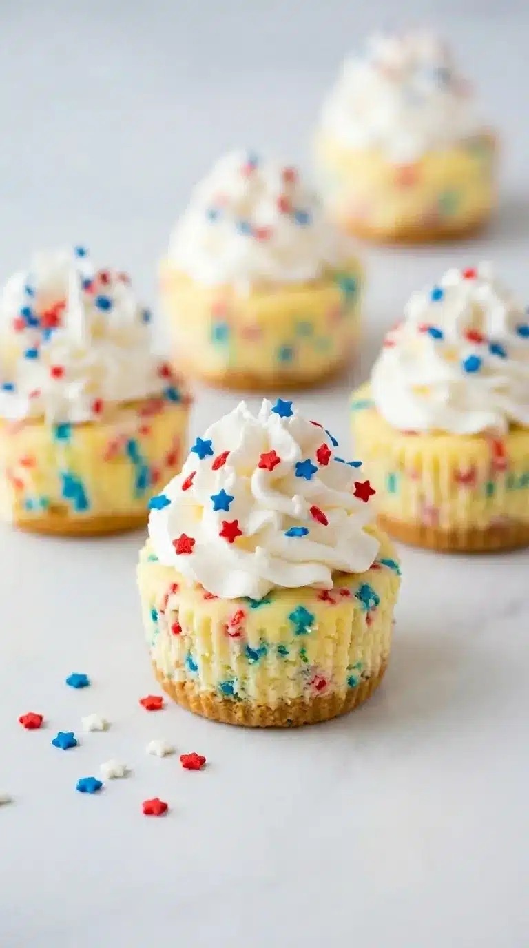 home 8 Patriotic Mini Cheesecakes with whipped cream and red white blue sprinkles