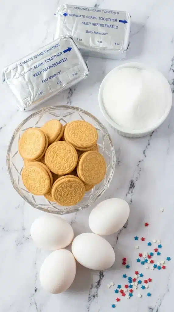  Ingredients for Patriotic Mini Cheesecakes with Golden Oreos and cream cheese