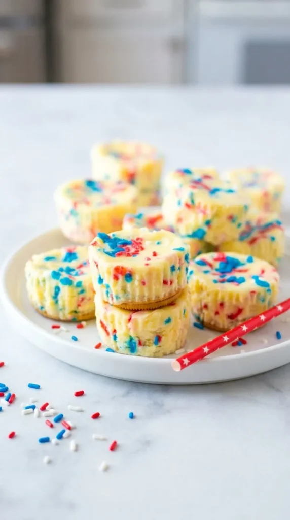  Patriotic Mini Cheesecakes with Golden Oreo crust and colorful sprinkles