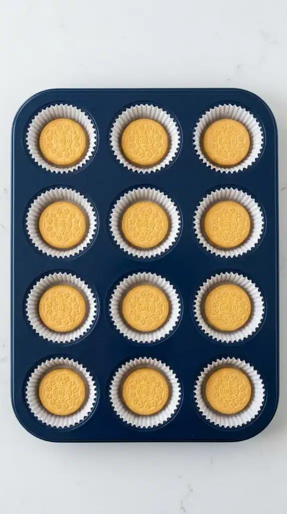 Patriotic Mini Cheesecakes Oreo crust prepared in muffin pan liners