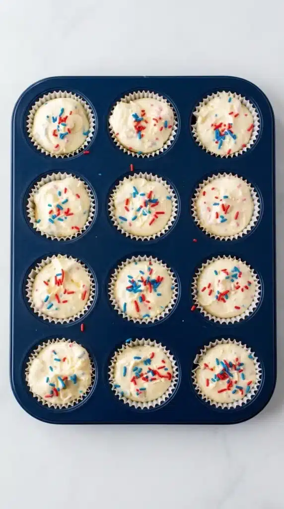 Patriotic Mini Cheesecakes topped with whipped cream and festive sprinkles