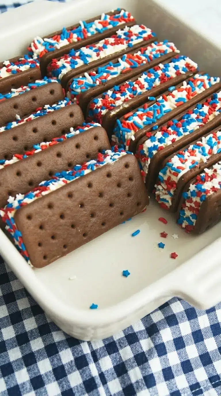 Patriotic mini ice cream sandwiches with red white and blue sprinkles in a baking dish