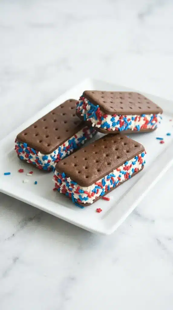 Patriotic Mini Ice Cream Sandwiches arranged in a white baking dish with festive sprinkles