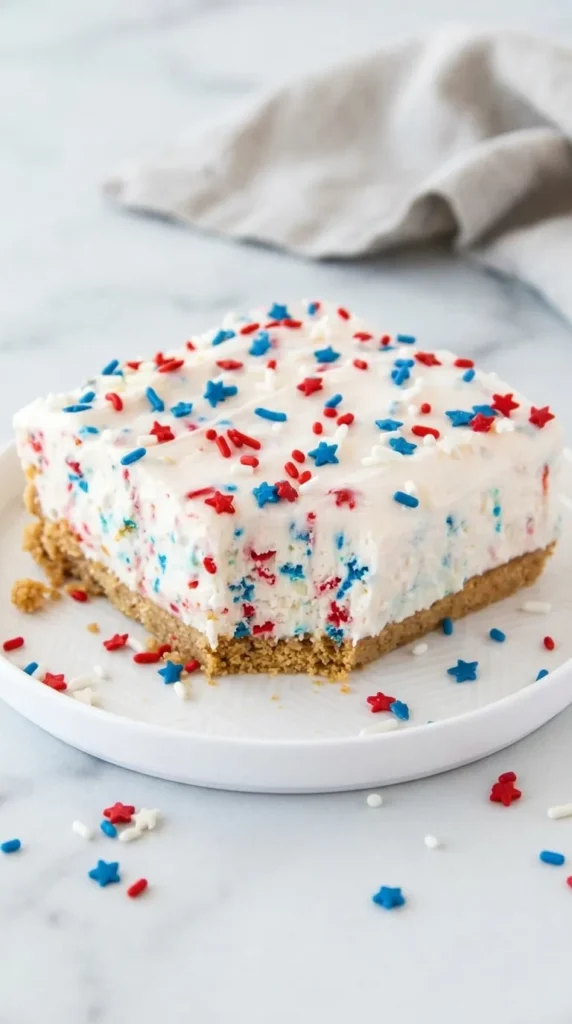 Patriotic No Bake Cheesecake squares with festive red white and blue sprinkles