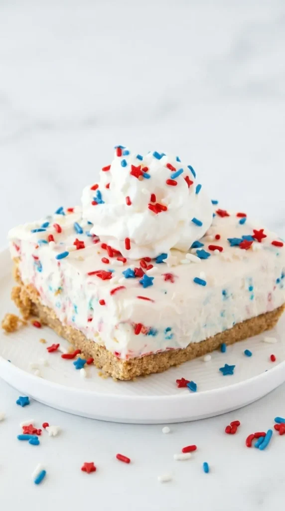 Patriotic No Bake Cheesecake bars topped with whipped cream and festive sprinkles