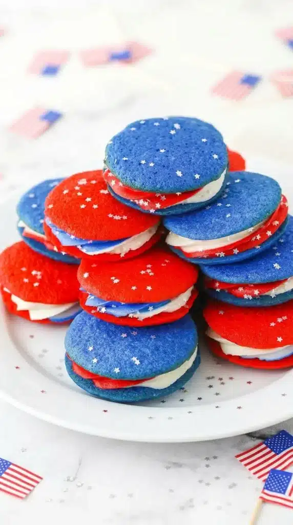 Red, White and Blue Cookie Sandwiches with patriotic frosting and star sprinkles
