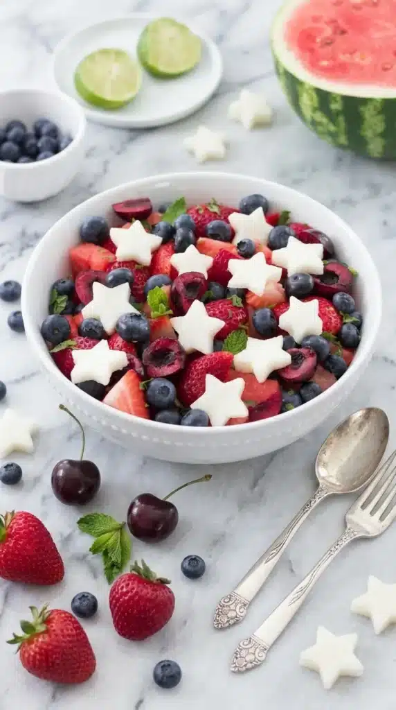 Red, White and Blue Fruit Salad with berries and star shaped fruit for July 4th