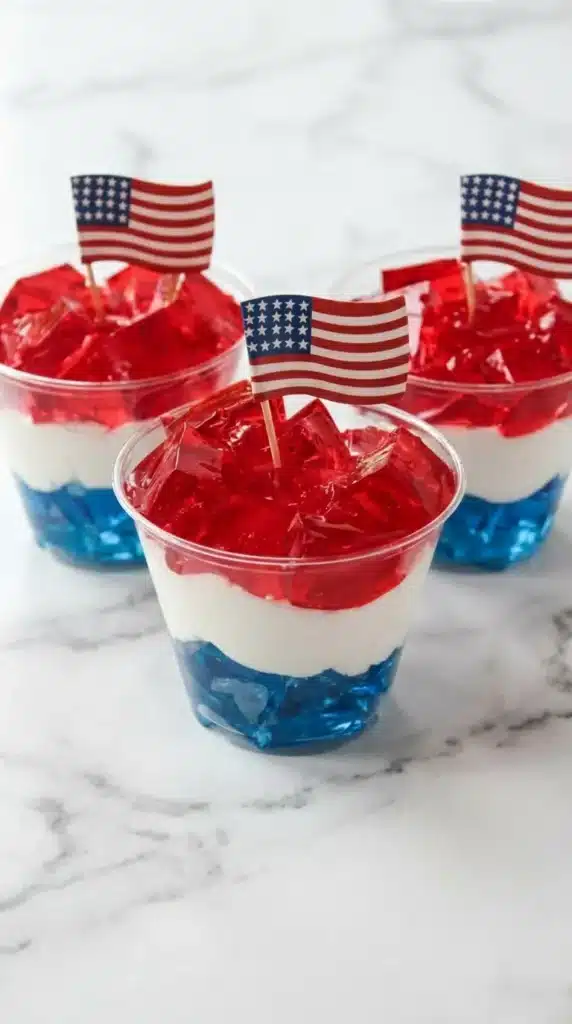 Red, White and Blue Jello Cups That Everyone Loves 7 Close up Red White and Blue Jello Cups with whipped cream layers