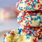 Patriotic sprinkle cookies with red white and blue sprinkles and soft buttery texture