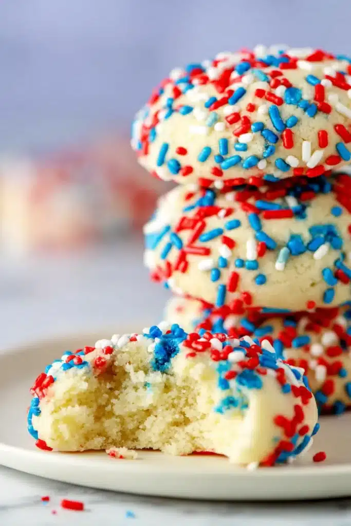 Patriotic sprinkle cookies with red white and blue sprinkles and soft buttery texture