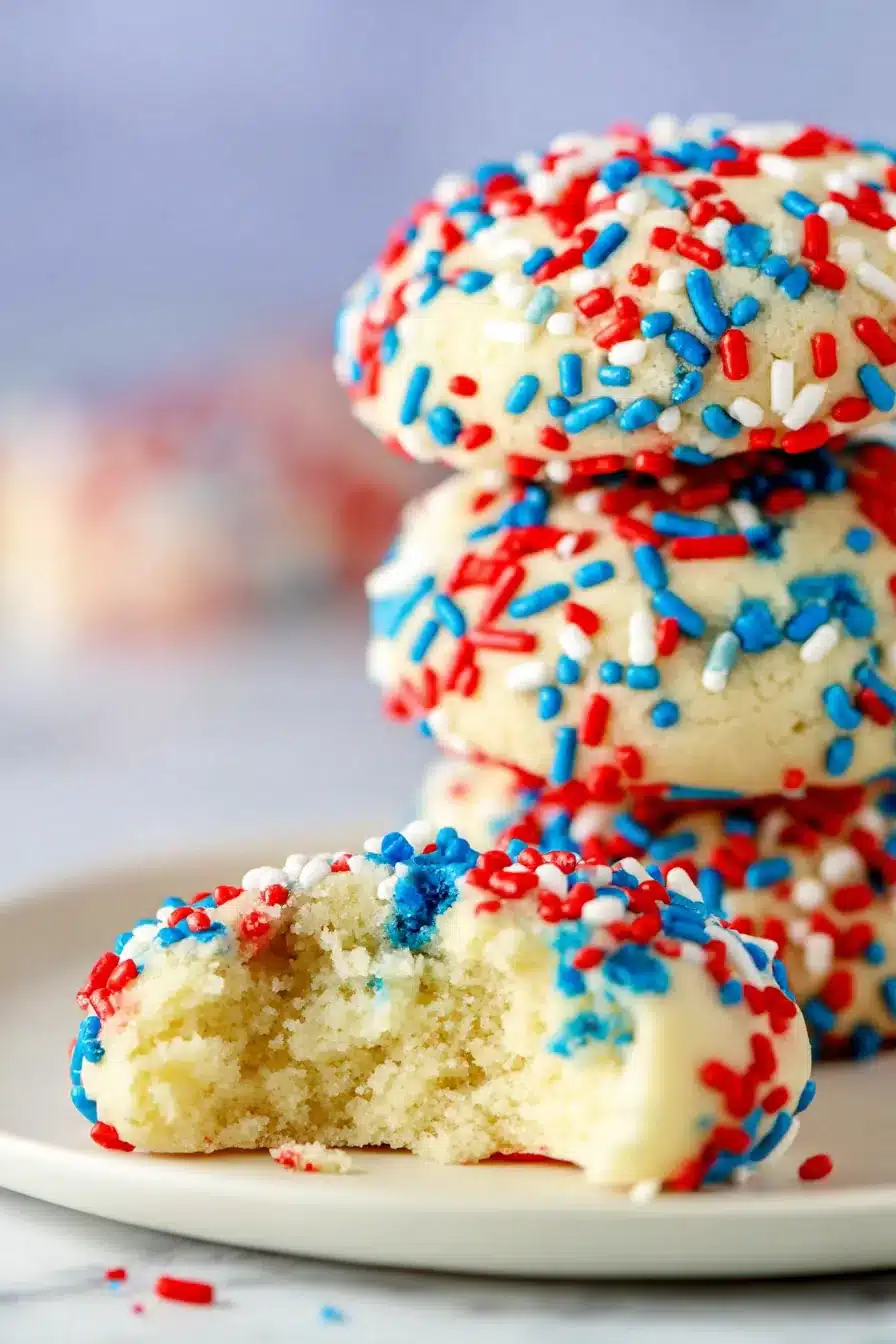 Patriotic sprinkle cookies with red white and blue sprinkles and soft buttery texture