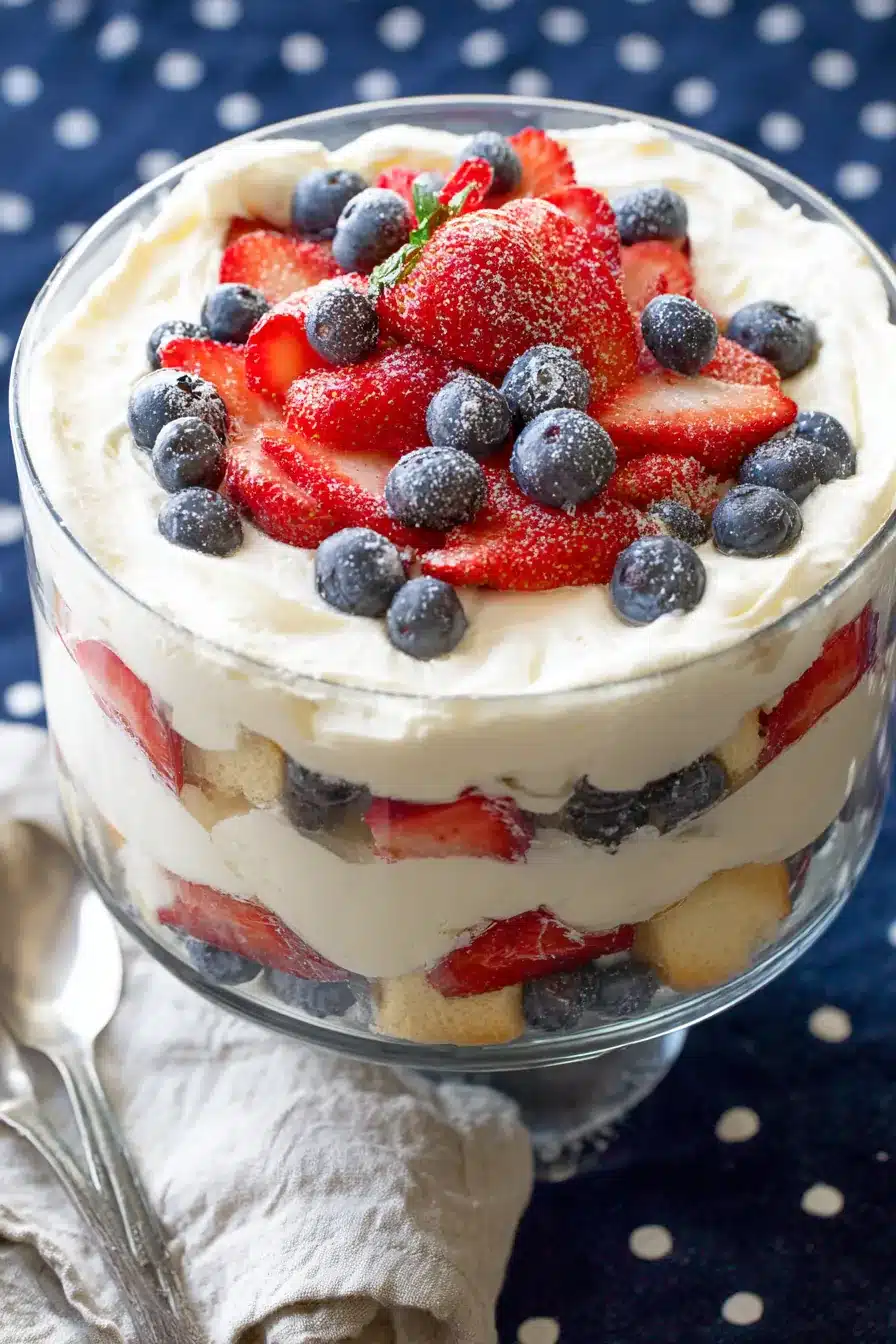 Patriotic trifle dessert with strawberries, blueberries, whipped cream, and cake layers