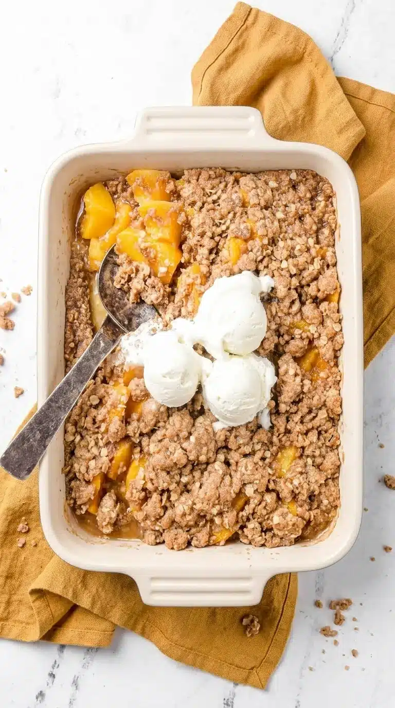 Peach crisp with canned peaches topped with vanilla ice cream in a baking dish