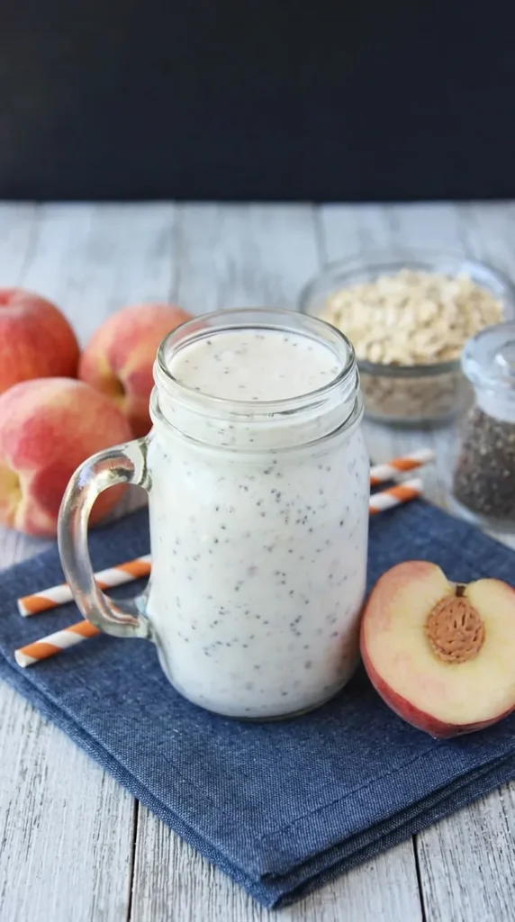 Creamy peaches and cream protein smoothie with chia seeds and fresh peaches