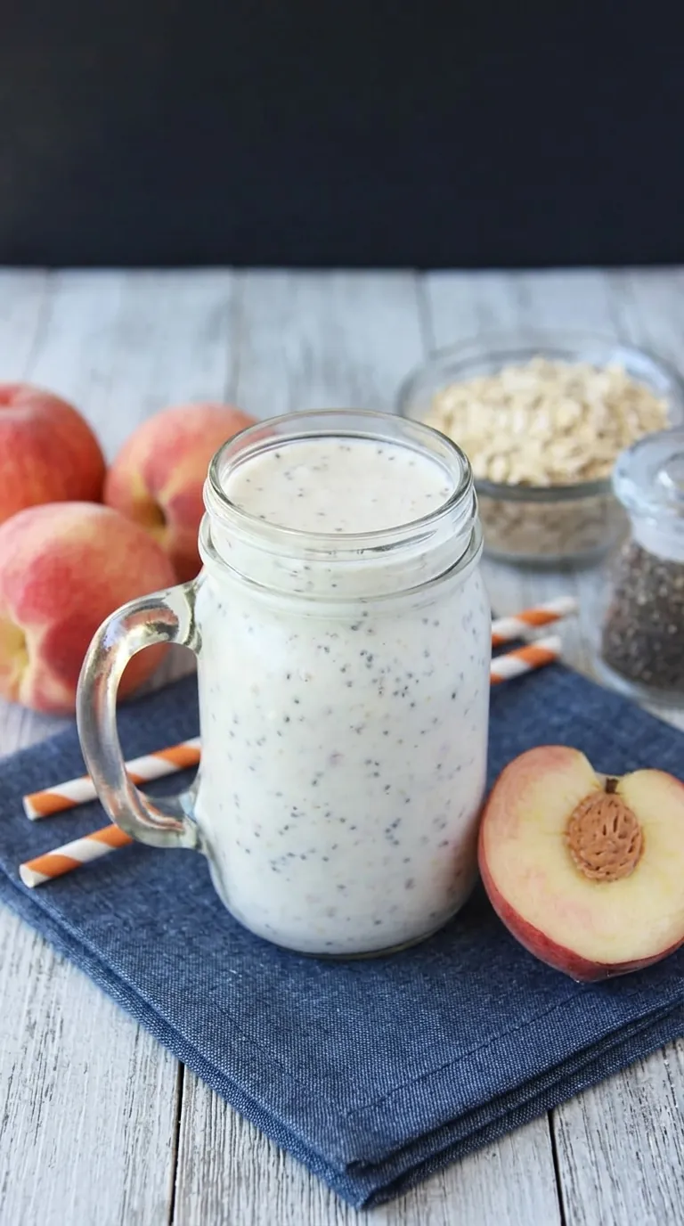 Creamy peaches and cream protein smoothie with chia seeds and fresh peaches