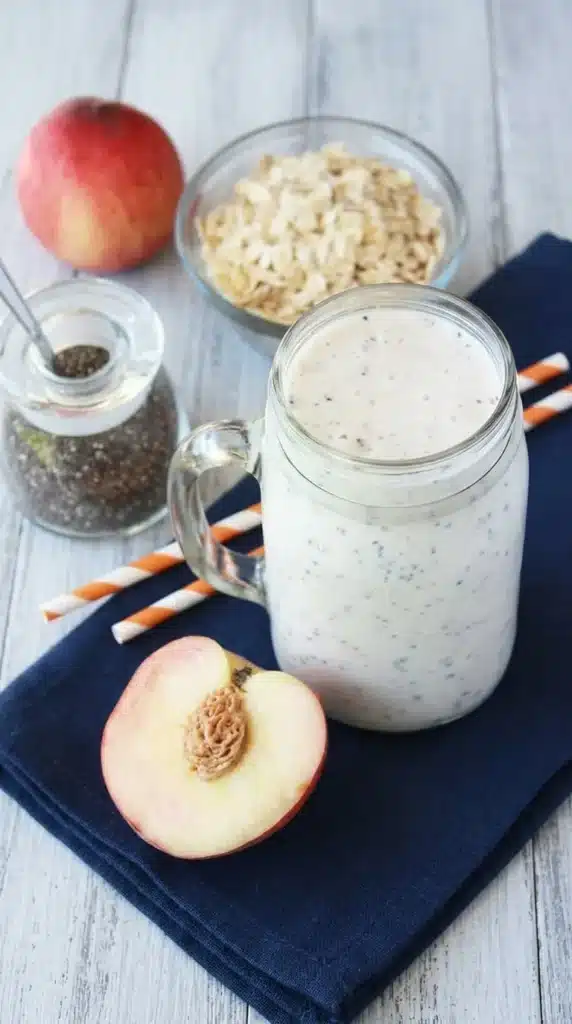 Peaches and Cream Protein Smoothie Recipe with fresh peaches and chia seeds