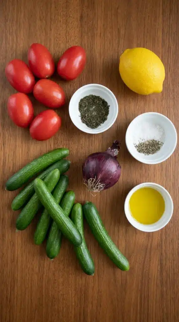 Persian Shirazi Salad ingredients with cucumbers, tomatoes, onion, lemon, and dried mint