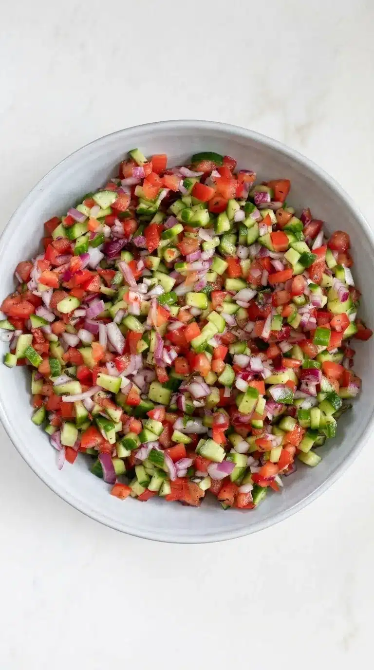 home 17 Fresh Persian Shirazi Salad with cucumber, tomato, and red onion in a rustic bowl
