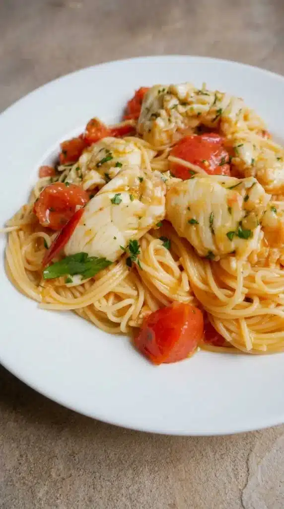Buttered lobster pasta with spaghetti, cherry tomatoes, and parsley in rustic bowl