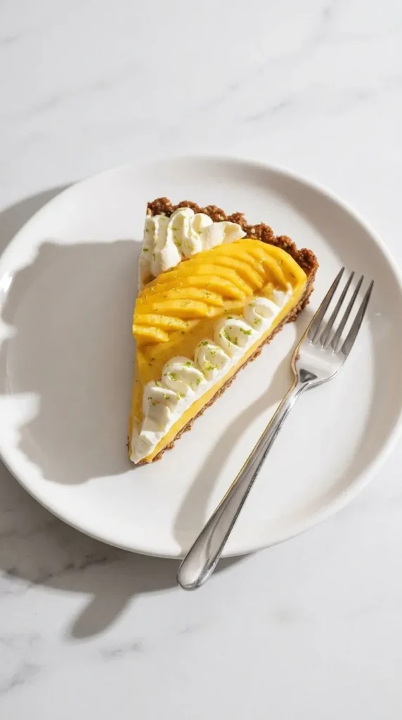 Mango Tart Recipe with Amazing Tropical Flavor 6 Plated Mango Tart slices with whipped cream and fresh mango