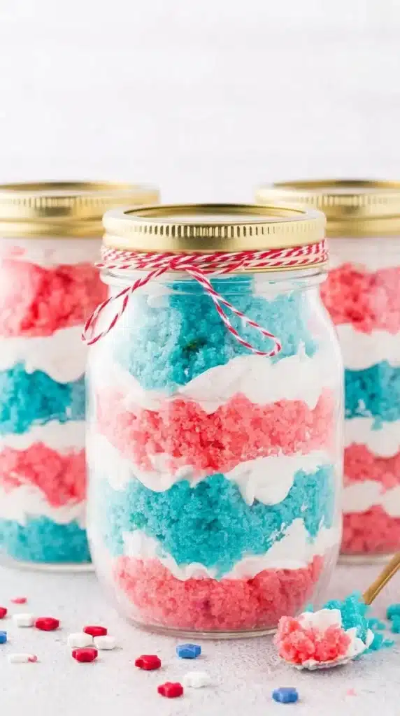 Fourth of July Cake in a Jar in mason jars with colorful cake layers