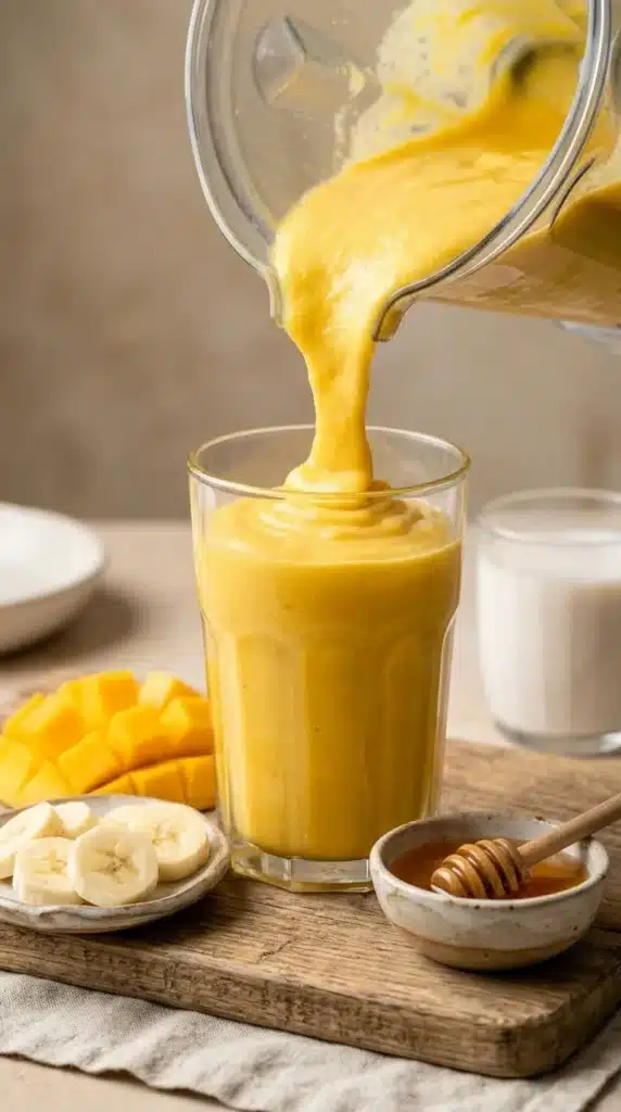 Mango Coconut Milk Smoothie being poured into a glass with thick creamy texture