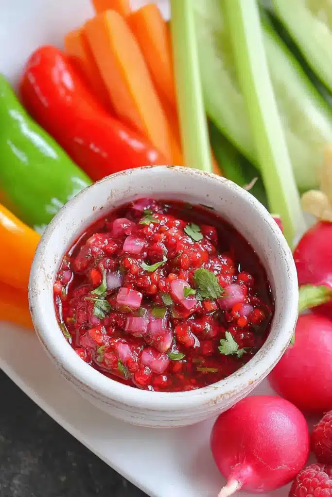 Raspberry Salsa served with fresh vegetables and peppers