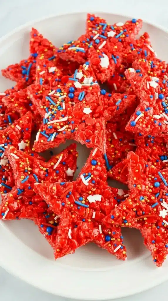4th Of July Rice Krispie Treats That Everyone Loves 10 4th Of July Rice Krispie Treats with red star shapes and patriotic sprinkles