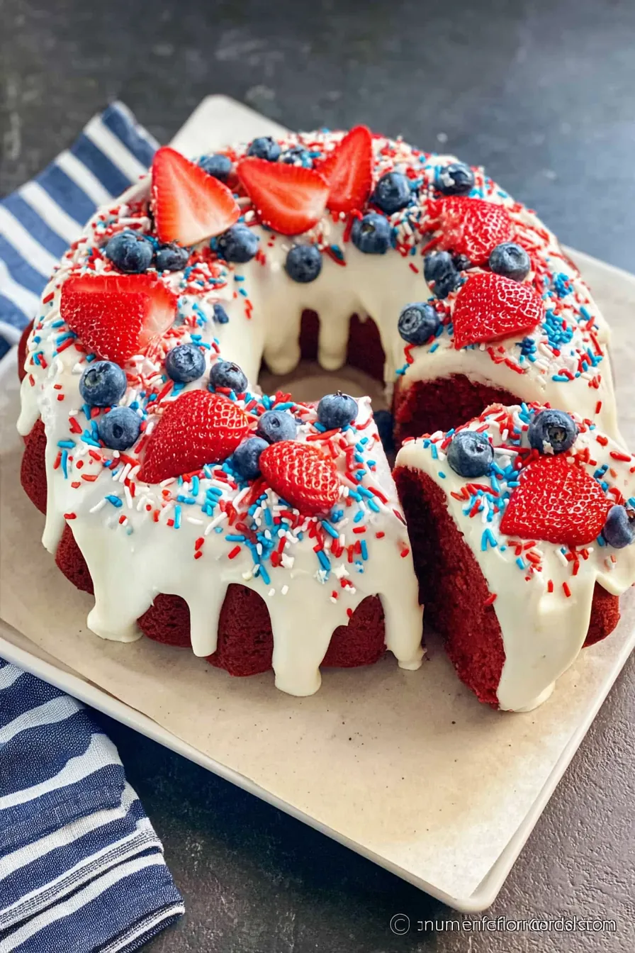 Red Velvet 4th of July Cake with cream cheese glaze and fresh berries