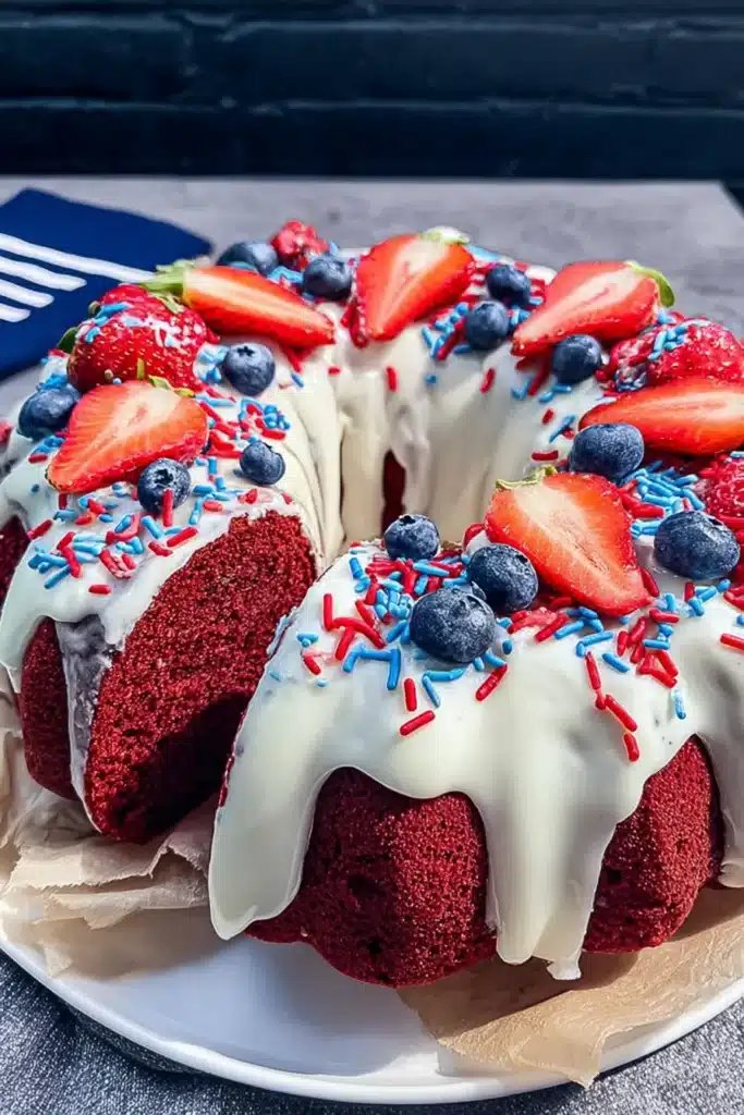 Red Velvet 4th of July Cake with cream cheese glaze and sliced center