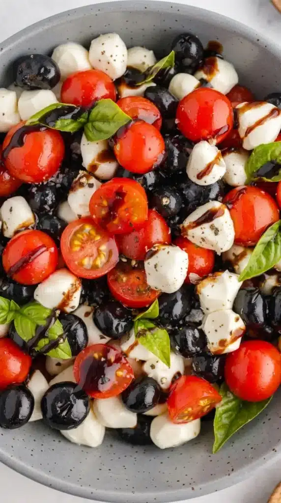 Close up of Red, White & Blue Caprese Salad with tomatoes, mozzarella, blueberries, basil, and balsamic glaze