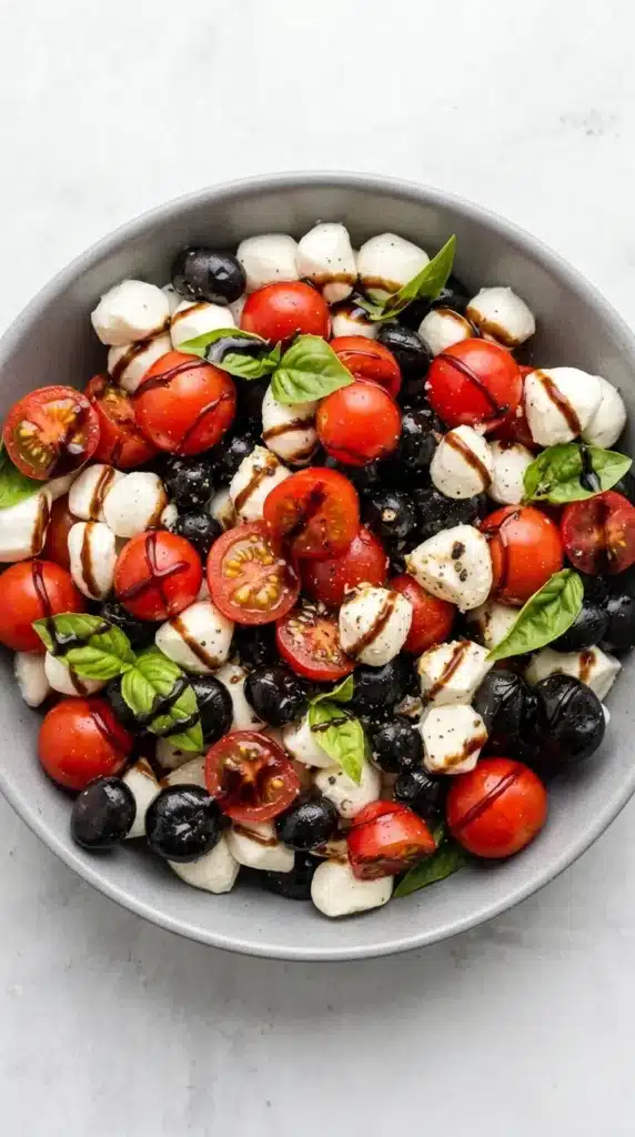 Red White and Blue Caprese Salad with tomatoes, blueberries, mozzarella, basil, and balsamic glaze