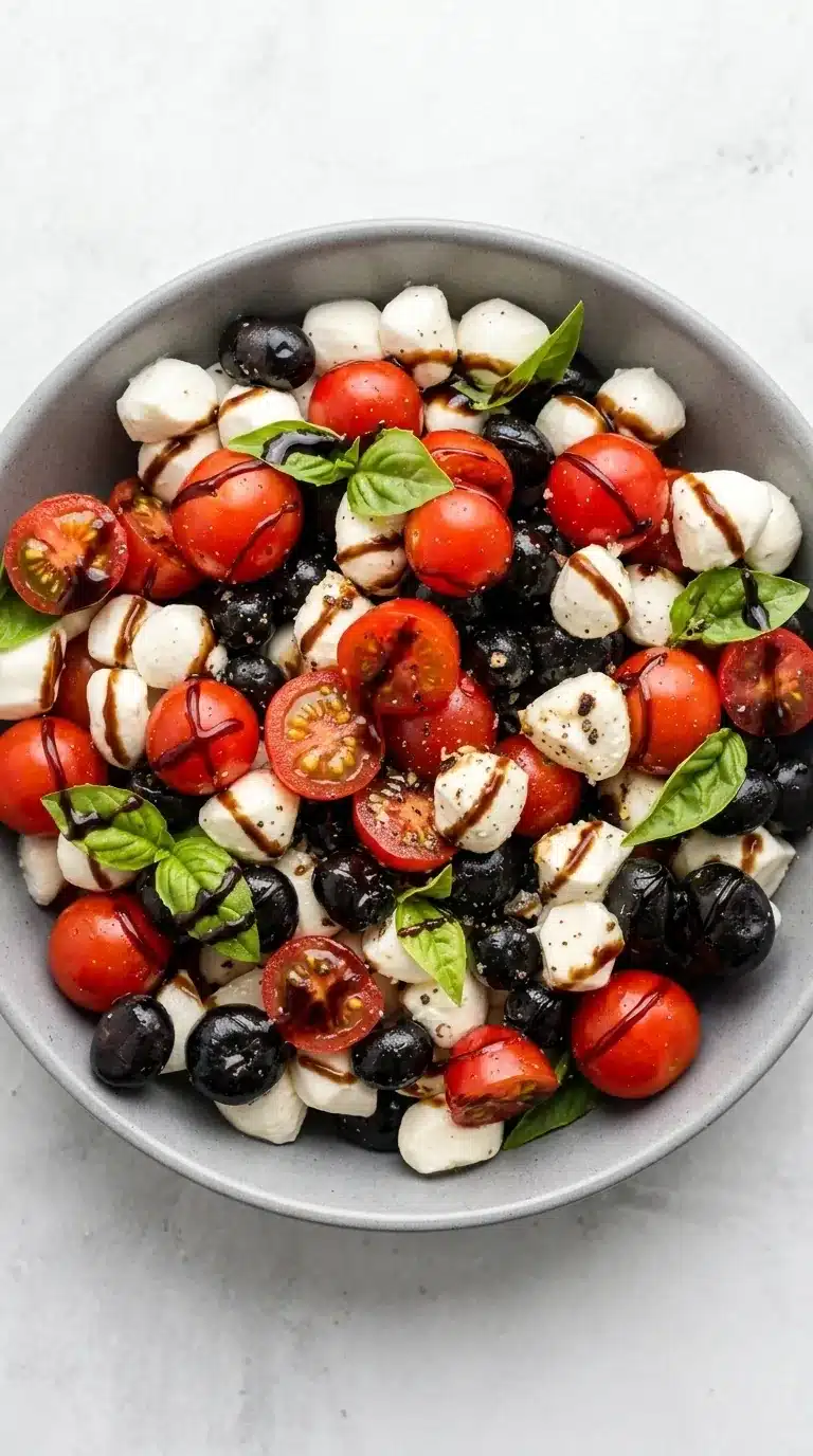 home 6 Red White and Blue Caprese Salad with tomatoes, blueberries, mozzarella, basil, and balsamic glaze
